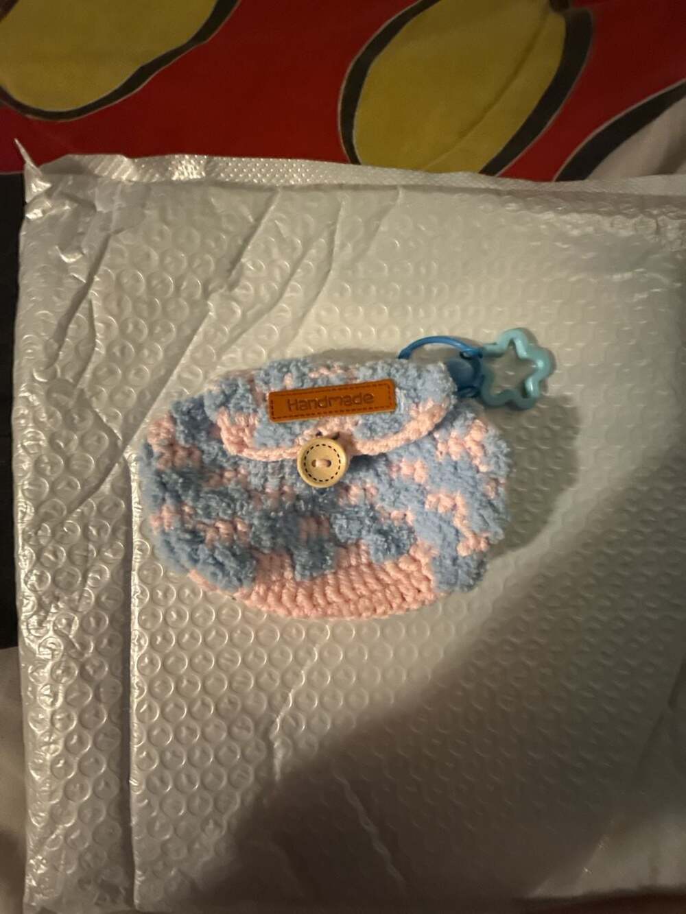 Handmade Blue and Pink Checkered Crochet Coin Pouch Keychain